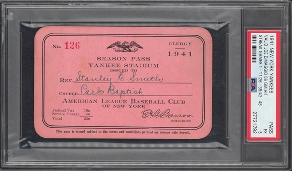 1941 New York Yankees Season Pass - Valid for Joe DiMaggios 56 Game Hit Streak - PSA 5 EX